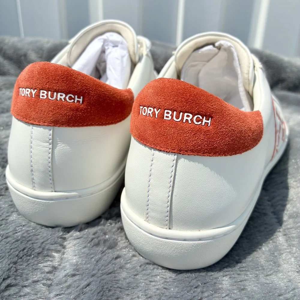 TORY BURCH NEW T-Logo Sneaker Leather Suede Trim Snow White/Canyon Orange SZ 9